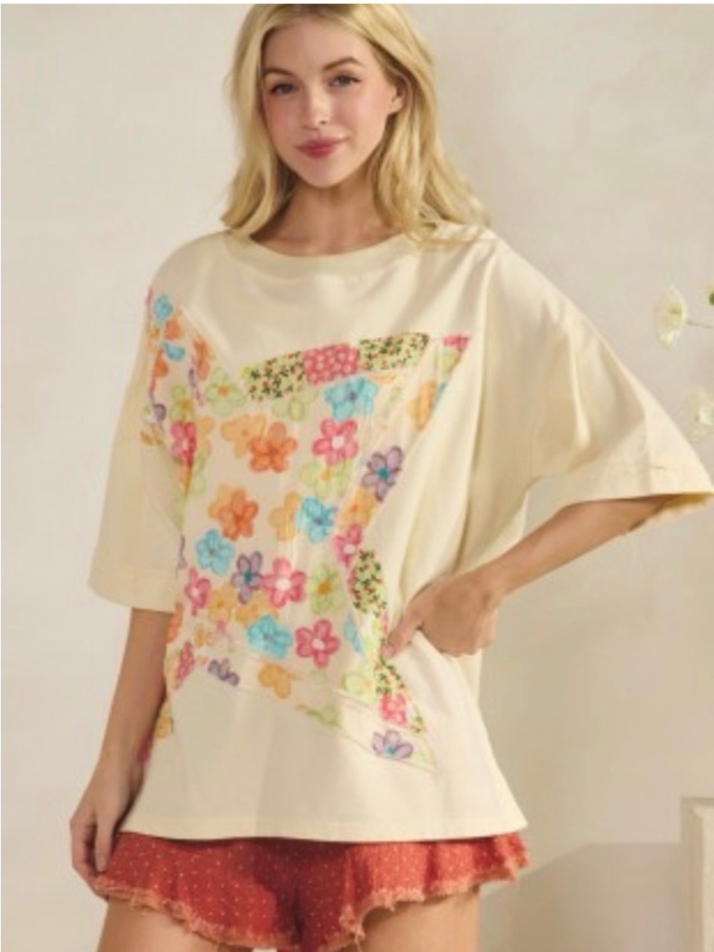 Sage + Fig “Star Crush” Baby Yellow Oversized Floral Patchwork Star Tee